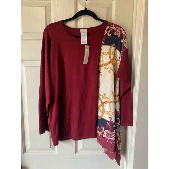 Chicos NWT Scarf-Trim Sweater Maroon Silk Like Blouse, Sz 1 (Medium), MSRP $109 - Picture 2 of 11
